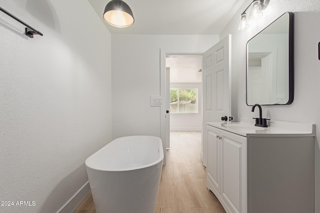 bathroom with hardwood / wood-style floors, vanity, and a tub