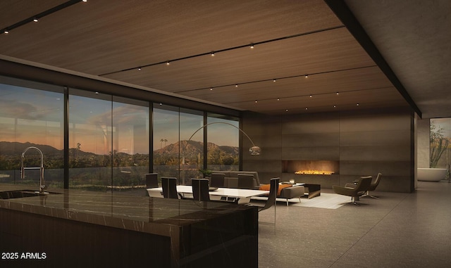 interior space with outdoor lounge area, a mountain view, and sink