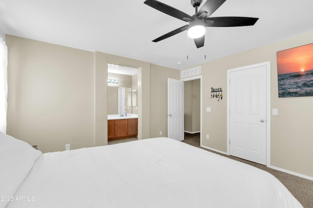 bedroom featuring visible vents, baseboards, connected bathroom, ceiling fan, and dark carpet