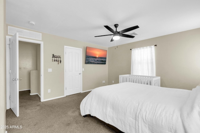 carpeted bedroom with a ceiling fan, radiator, visible vents, and baseboards