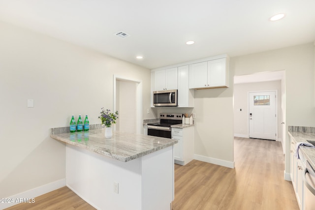 kitchen with white cabinetry, appliances with stainless steel finishes, light hardwood / wood-style floors, and kitchen peninsula