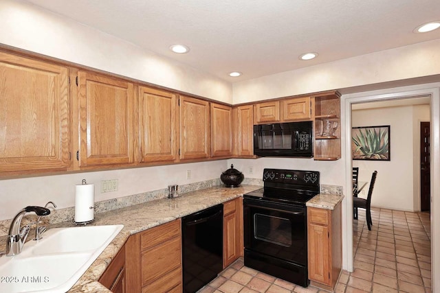 9115 N 101st Way, Scottsdale, AZ 85258 - kitchen featuring black appliances, a sink, light tile patterned floors, recessed lighting, and open shelves
