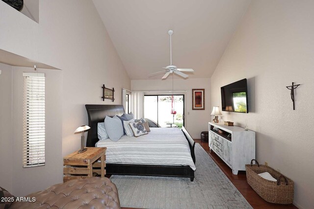 9115 N 101st Way, Scottsdale, AZ 85258 - bedroom with access to outside, high vaulted ceiling, dark wood-style floors, and ceiling fan