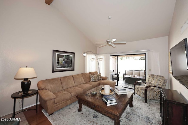 9115 N 101st Way, Scottsdale, AZ 85258 - living room with a ceiling fan, wood finished floors, and high vaulted ceiling