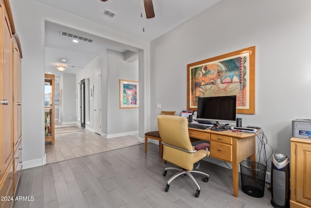 office area with ceiling fan and light wood-type flooring