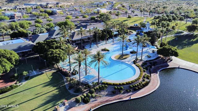 aerial view featuring a water view