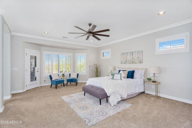bedroom featuring ornamental molding, recessed lighting, carpet, baseboards, and ceiling fan