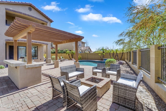 view of patio with a fenced in pool, a fire pit, a fenced backyard, and a pergola