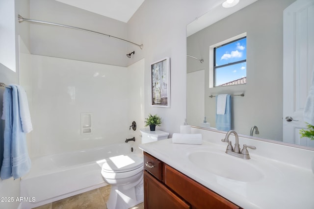 full bath with vanity, bathing tub / shower combination, toilet, and tile patterned flooring