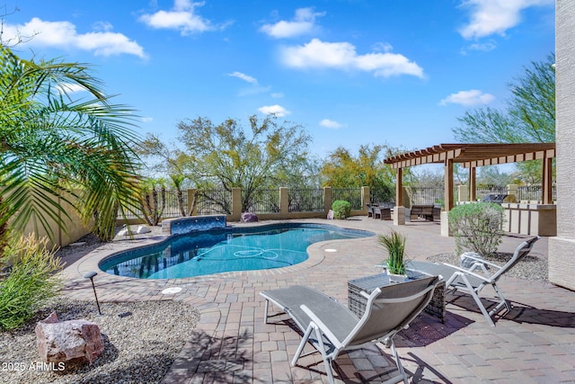 view of swimming pool with a patio, a fenced in pool, a fenced backyard, and a pergola
