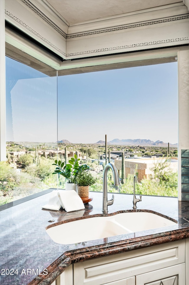 details featuring white cabinetry, sink, and a mountain view