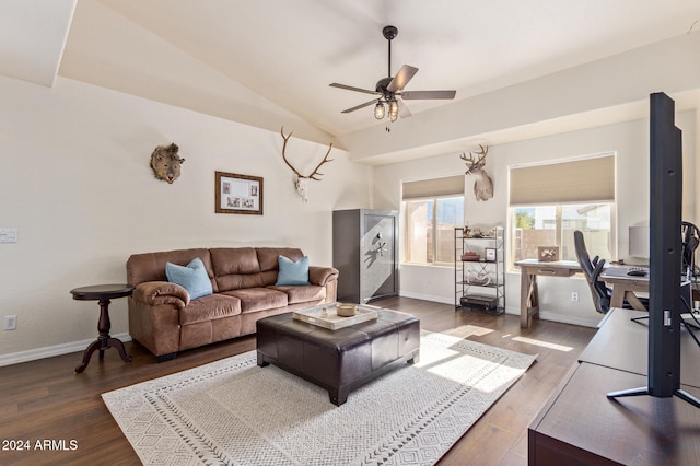 living room with dark wood-type flooring, lofted ceiling, and ceiling fan