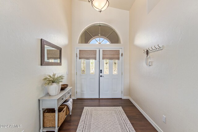 entryway featuring high vaulted ceiling and dark hardwood / wood-style flooring