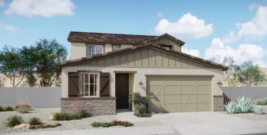 546 N 89th St, Mesa, AZ 85207 - view of front facade featuring an attached garage, concrete driveway, stucco siding, and stone siding