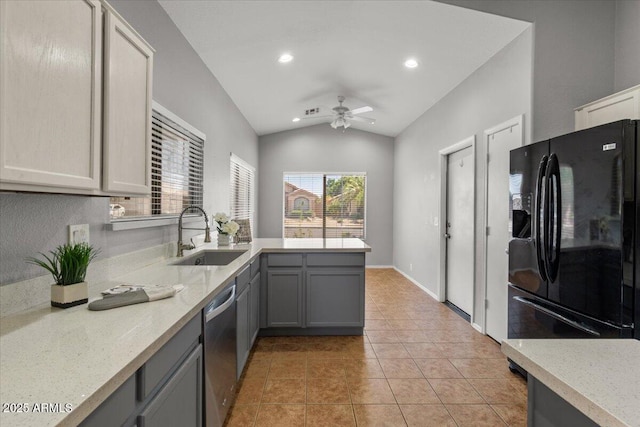 10646 E Enid Ave, Mesa, AZ 85208 - kitchen featuring black refrigerator with ice dispenser, a sink, dishwasher, gray cabinetry, and ceiling fan