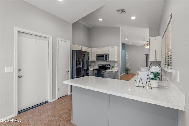 10646 E Enid Ave, Mesa, AZ 85208 - kitchen featuring appliances with stainless steel finishes, a peninsula, a ceiling fan, white cabinetry, and recessed lighting