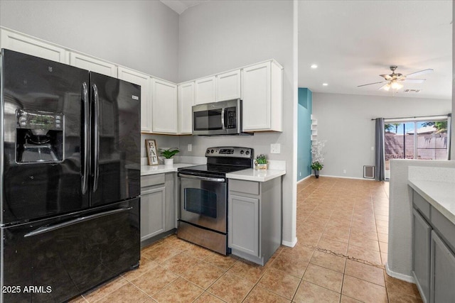 10646 E Enid Ave, Mesa, AZ 85208 - kitchen featuring appliances with stainless steel finishes, gray cabinets, light countertops, light tile patterned floors, and recessed lighting