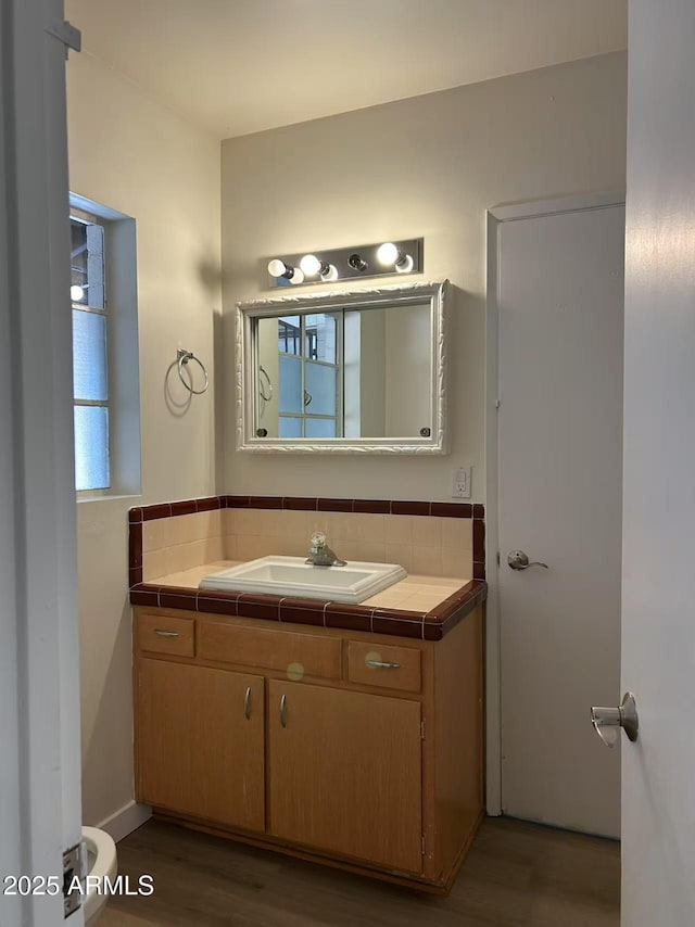 344 E Aepli Dr, Tempe, AZ 85282 - bathroom with vanity, wood finished floors, and decorative backsplash