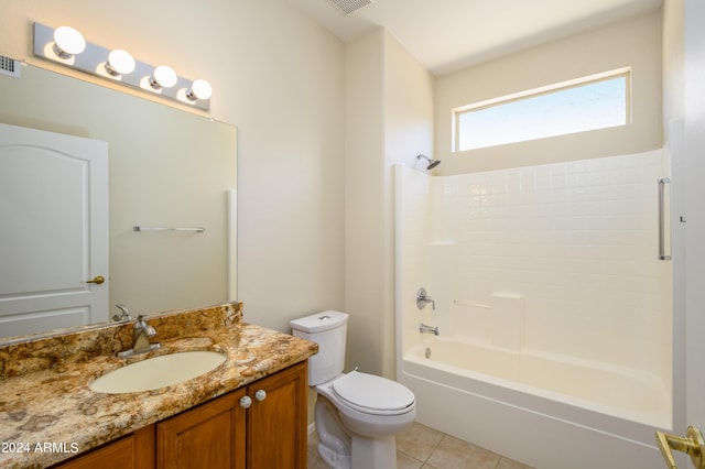 full bathroom with shower / bathtub combination, tile patterned floors, toilet, and vanity