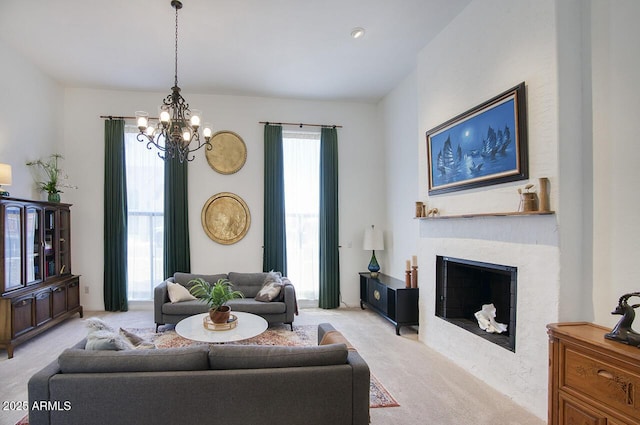 1750 E Mallory St, Mesa, AZ 85203 - living room featuring light carpet, a chandelier, and a fireplace