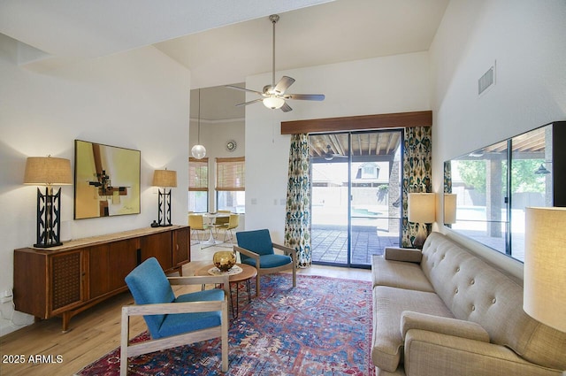1750 E Mallory St, Mesa, AZ 85203 - living area featuring high vaulted ceiling, light wood-style floors, and a ceiling fan