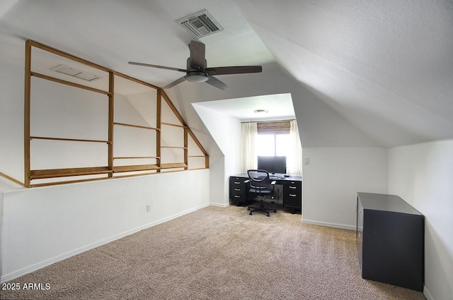 1750 E Mallory St, Mesa, AZ 85203 - home office featuring light colored carpet, a ceiling fan, and lofted ceiling