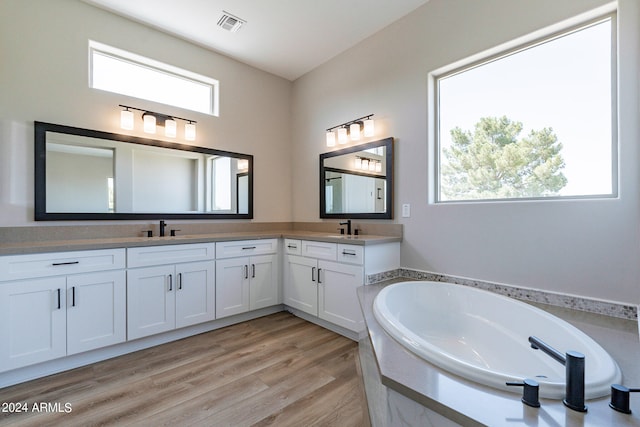 bathroom with a healthy amount of sunlight, hardwood / wood-style floors, a tub to relax in, and dual bowl vanity