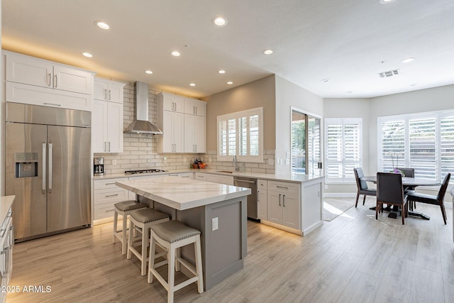 kitchen with visible vents, a sink, a center island, appliances with stainless steel finishes, and wall chimney exhaust hood