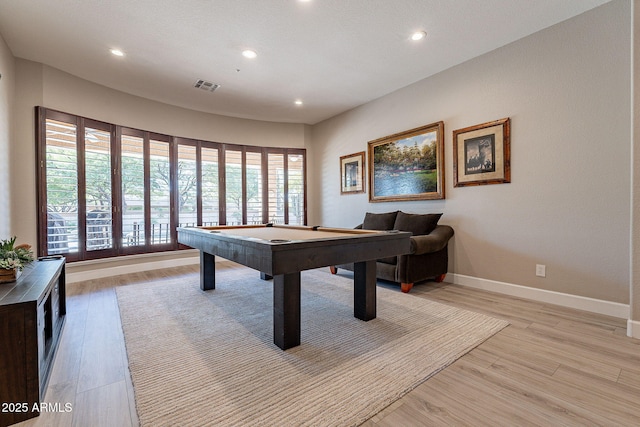 game room featuring baseboards, visible vents, light wood finished floors, recessed lighting, and pool table