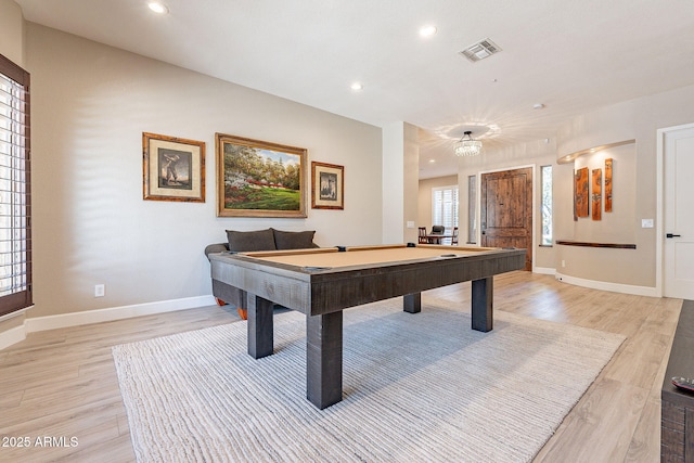 game room with visible vents, baseboards, light wood-type flooring, recessed lighting, and billiards