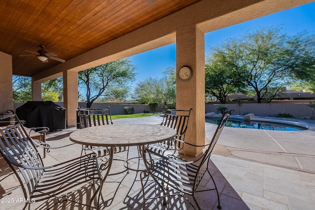 view of patio with a fenced in pool, outdoor dining area, a fenced backyard, ceiling fan, and a grill