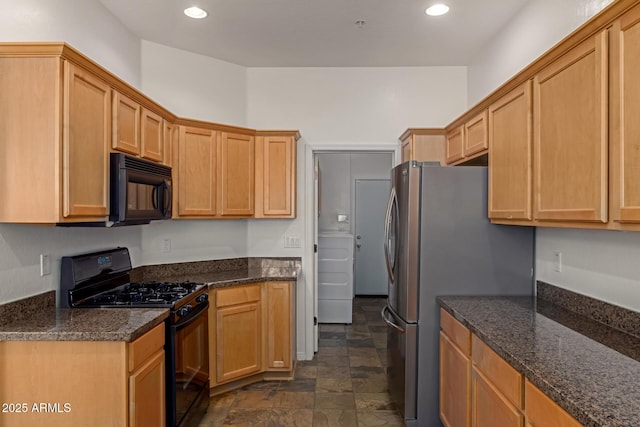 16600 N Thompson Peak Pkwy Unit 1072, Scottsdale, AZ 85260 - kitchen featuring black appliances, dark stone countertops, stone finish flooring, and recessed lighting
