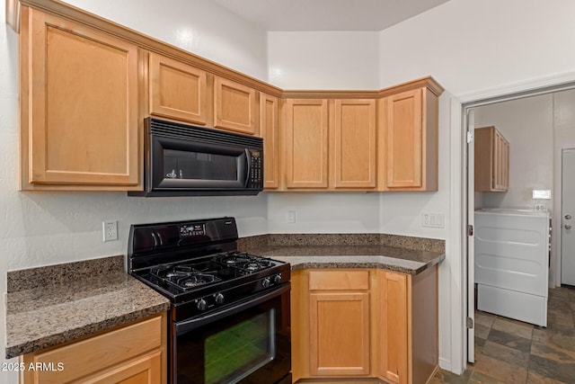 16600 N Thompson Peak Pkwy Unit 1072, Scottsdale, AZ 85260 - kitchen featuring dark stone counters, light brown cabinetry, and black appliances