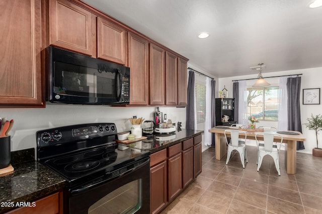 2223 S Hughes Dr, Buckeye, AZ 85326 - kitchen featuring black appliances, light tile patterned floors, dark stone countertops, brown cabinetry, and recessed lighting