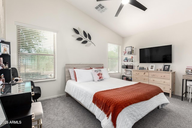 2223 S Hughes Dr, Buckeye, AZ 85326 - carpeted bedroom featuring vaulted ceiling, ceiling fan, and baseboards