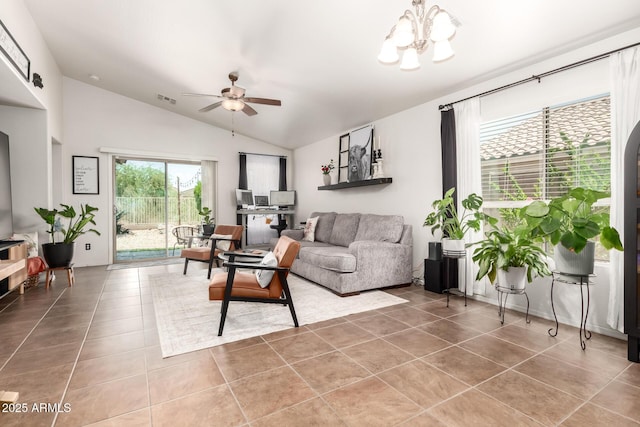 2223 S Hughes Dr, Buckeye, AZ 85326 - tiled living area featuring vaulted ceiling, a ceiling fan, and a chandelier