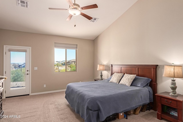 carpeted bedroom featuring access to outside, ceiling fan, and lofted ceiling