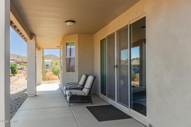 view of patio with a mountain view