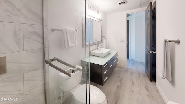 bathroom with vanity, wood-type flooring, and toilet