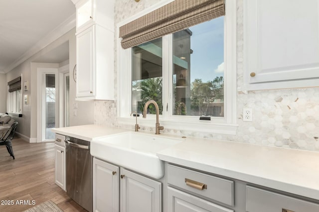 kitchen with sink, backsplash, stainless steel dishwasher, and white cabinets