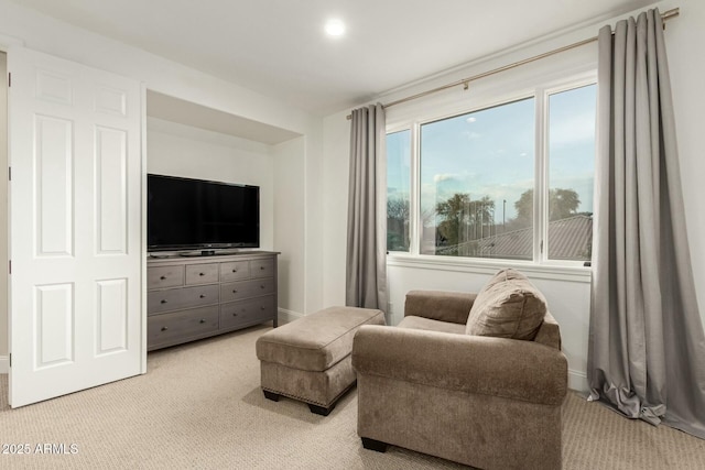 sitting room with light colored carpet