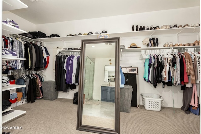 walk in closet featuring light carpet