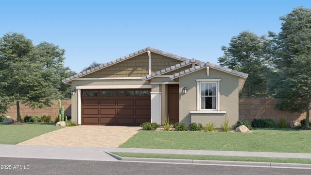 4975 S 233rd Dr, Buckeye, AZ 85326 - view of front of house featuring a garage, fence, driveway, and a front yard