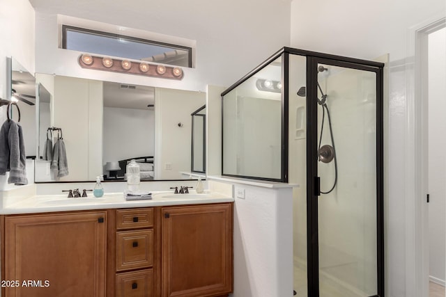 bathroom featuring a shower stall, double vanity, and a sink