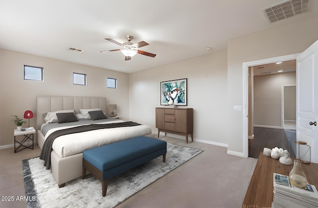 carpeted bedroom with ceiling fan