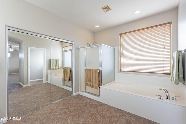 bathroom with tile patterned floors, ceiling fan, and independent shower and bath