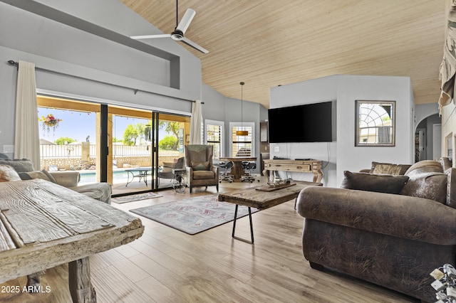 6249 E Camelot Dr, Mesa, AZ 85215 - living area featuring high vaulted ceiling, a ceiling fan, plenty of natural light, wood ceiling, and wood finished floors