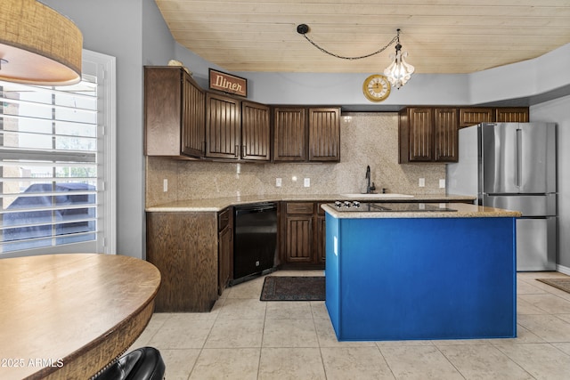 6249 E Camelot Dr, Mesa, AZ 85215 - kitchen with black appliances, wood ceiling, light tile patterned flooring, backsplash, and a kitchen island