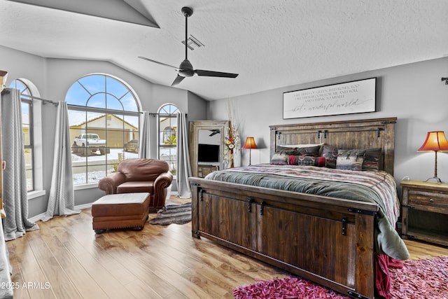 6249 E Camelot Dr, Mesa, AZ 85215 - bedroom with light wood-type flooring, lofted ceiling, multiple windows, a textured ceiling, and ceiling fan