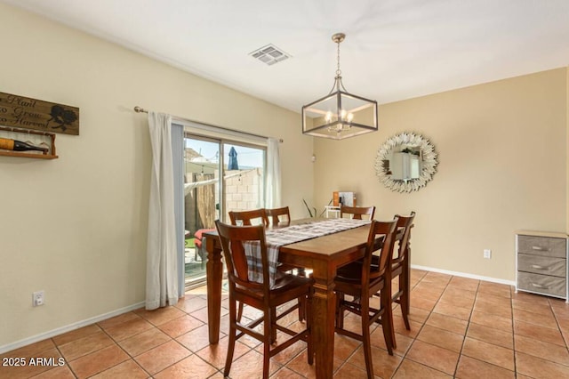 dining area featuring light tile patterned floors, visible vents, an inviting chandelier, and baseboards